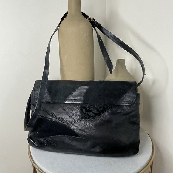 VTG Black Patchwork Boho Leather Suede 80s Shoulder Crossbody Bag Glam Studio 54 - Picture 3 of 16